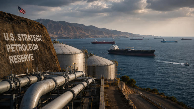 Tanque de petróleo da Reserva Estratégica dos EUA com tubo de transferência em primeiro plano
