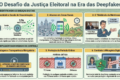 Colagem digital mostra rostos políticos distorcidos por IA sobre fundo de redes sociais e urnas eletrônicas