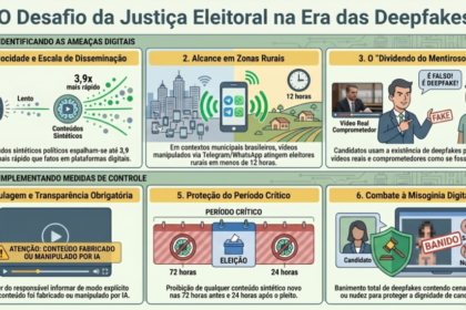 Colagem digital mostra rostos políticos distorcidos por IA sobre fundo de redes sociais e urnas eletrônicas