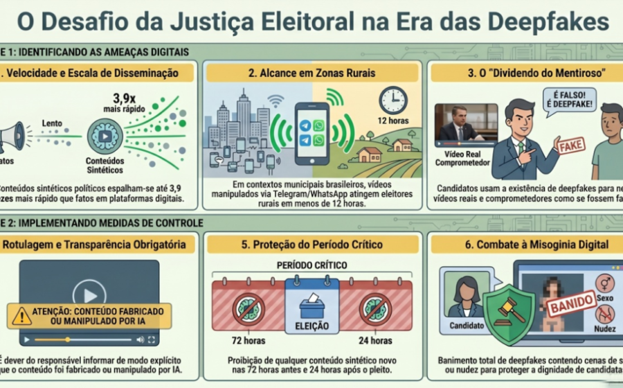 Colagem digital mostra rostos políticos distorcidos por IA sobre fundo de redes sociais e urnas eletrônicas