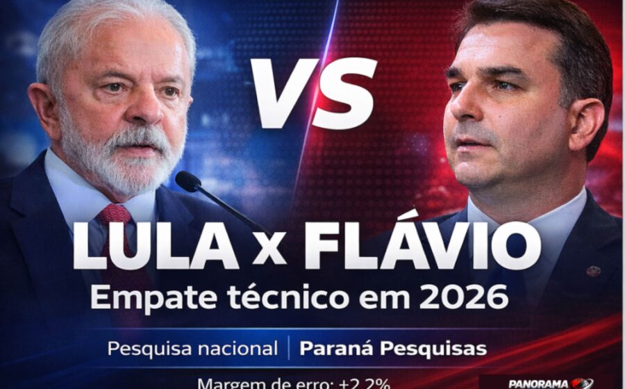 Flávio Bolsonaro e Lula lado a lado com gráfico de pesquisa Quaest 2026 mostrando empate técnico 45% a 44%