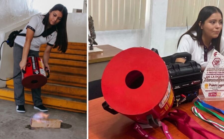 Estudante mexicana Ángela Karime Venegas Hernández, 16 anos, segura protótipo do Vortex Tech, extintor a som premiado com ouro mundial