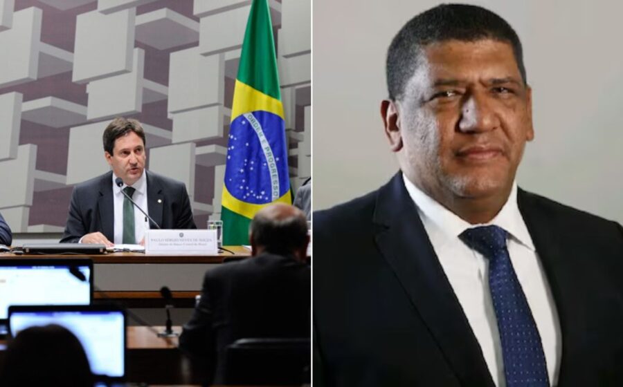 Reunião entre executivos bancários em Brasília com sede do Banco Central ao fundo