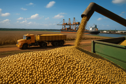 Grãos de soja em silo no Brasil com destaque para exportação recorde de US$ 69 bi em 2027