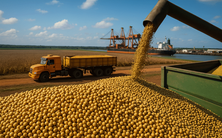 Grãos de soja em silo no Brasil com destaque para exportação recorde de US$ 69 bi em 2027