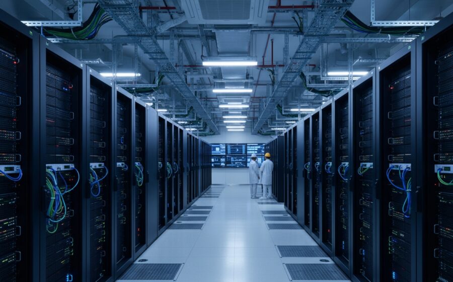 Data center moderno no interior do Brasil com servidores e infraestrutura de rede
