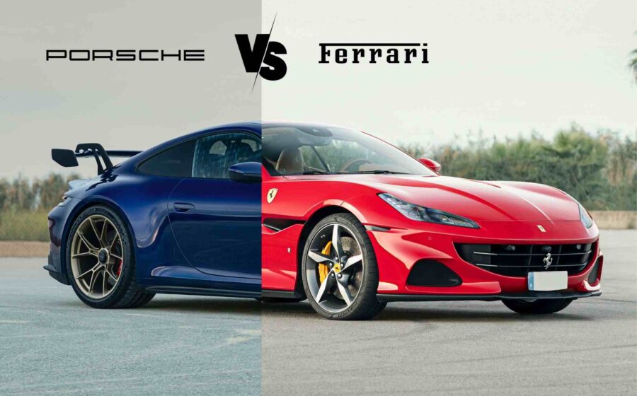 Ferraris e Porsches expostos no estacionamento do Independência Shopping em Juiz de Fora durante evento gratuito de superesportivos