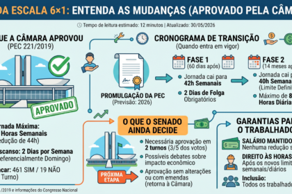 Calendário destacando dezembro de 2026 com ícones de relógio e balança simbolizando fim da escala 6x1 e nova jornada de 40 horas