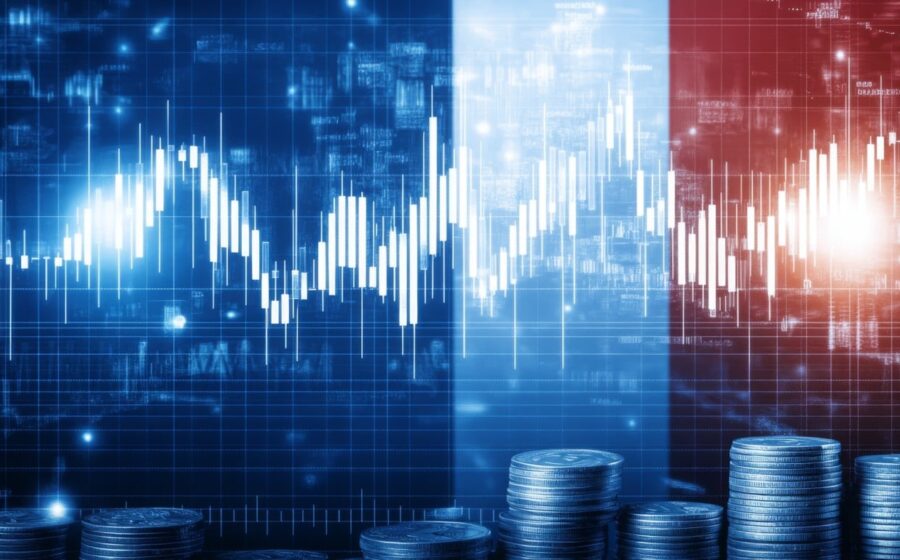 Gráfico mostra bandeira da França com seta descendente indicando rebaixamento de perspectiva pela Fitch