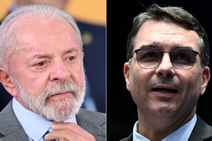 Flávio Bolsonaro e ministro Kassio Nunes Marques em destaque com logotipo do WhatsApp e texto Exército do Lula