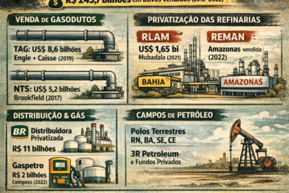 Flávio Bolsonaro discursa com logo da Petrobras ao fundo, simbolizando veto à privatização mas expectativa de venda de ativos