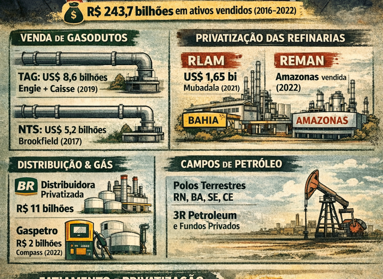 Flávio Bolsonaro discursa com logo da Petrobras ao fundo, simbolizando veto à privatização mas expectativa de venda de ativos