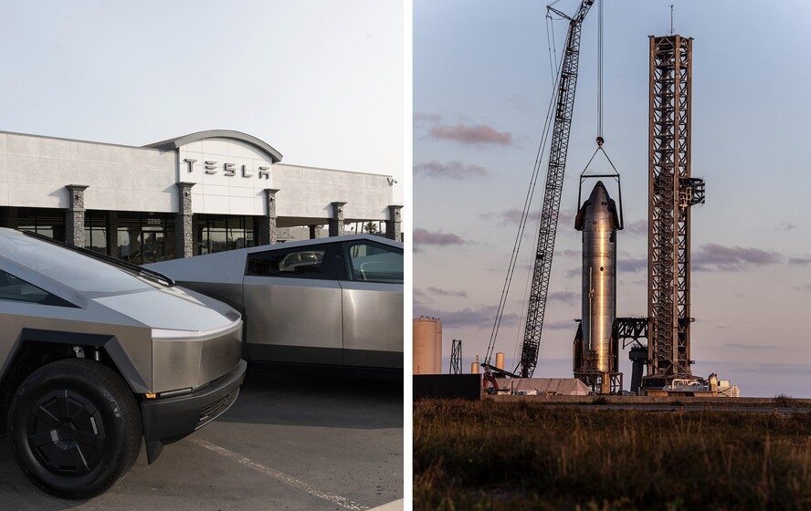 Elon Musk entre foguete SpaceX e carro Tesla simbolizando fusão bilionária