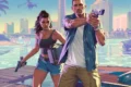 Controles de PlayStation e Xbox lado a lado com logo GTA 6 e gráficos de vendas divergentes