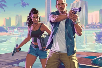 Controles de PlayStation e Xbox lado a lado com logo GTA 6 e gráficos de vendas divergentes