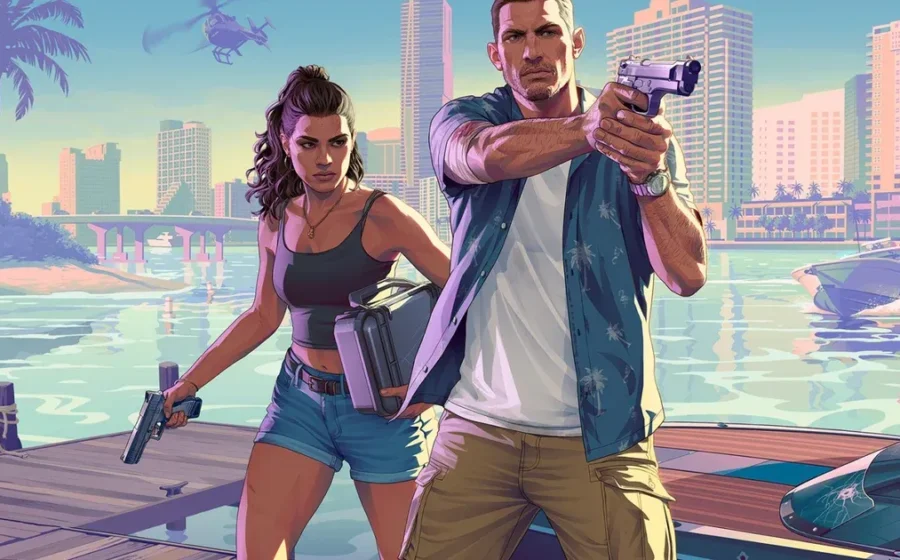 Controles de PlayStation e Xbox lado a lado com logo GTA 6 e gráficos de vendas divergentes