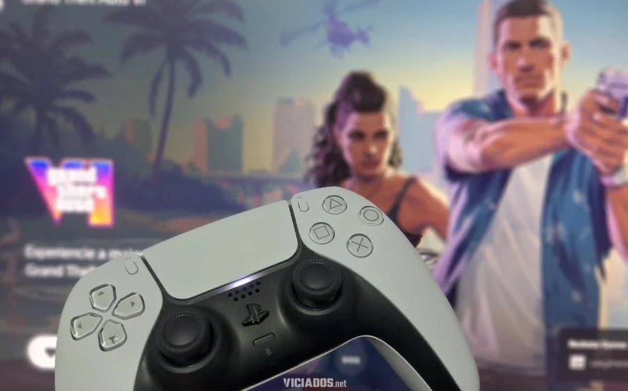 Controles PlayStation 5 e Xbox Series com logotipo GTA 6 sobre fundo de vendas em alta