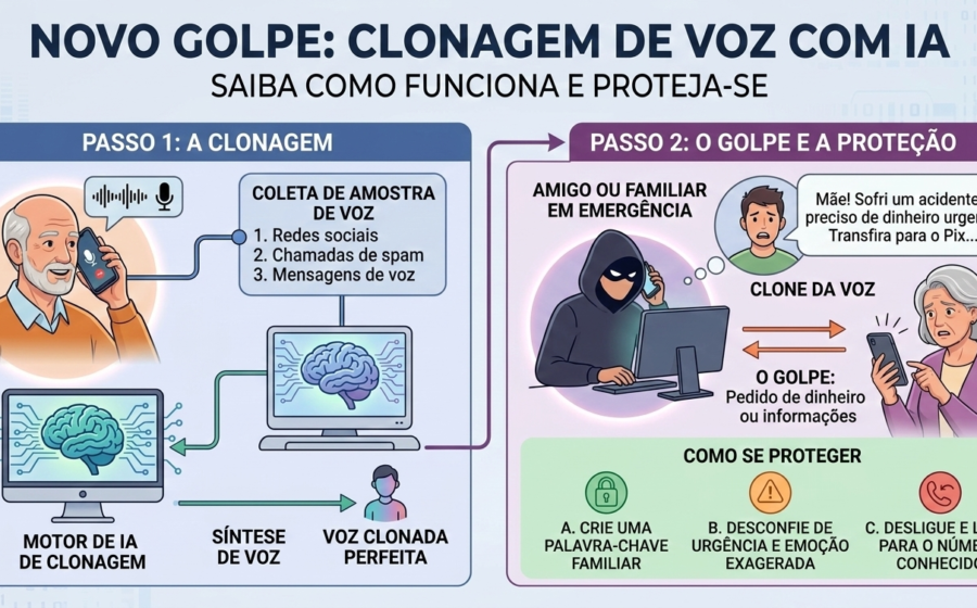 Ilustração de clonagem de voz por inteligência artificial em golpe telefônico