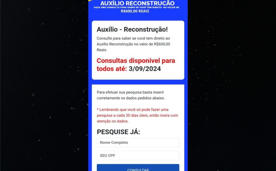 Alerta do governo sobre golpe do Auxílio Reconstrução falso com link malicioso no WhatsApp