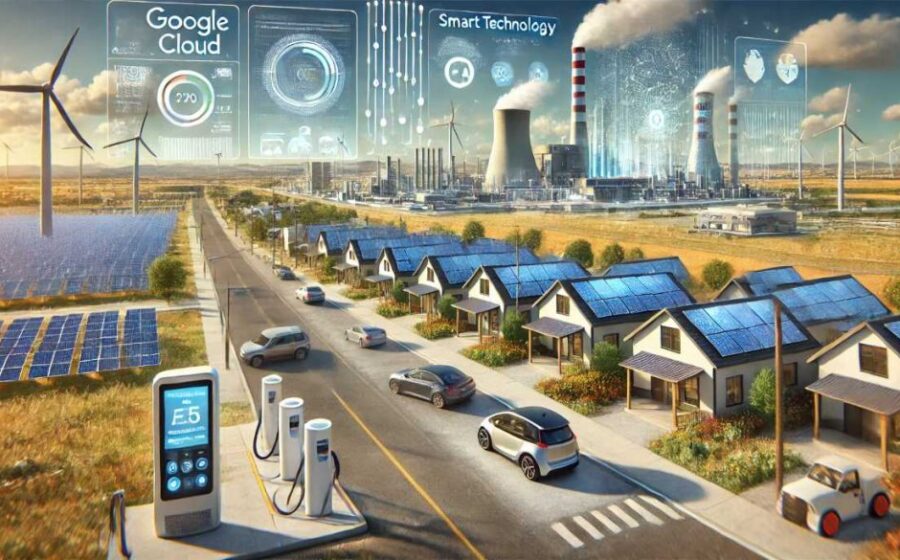 Ilustração de usina virtual Google: casas e empresas conectadas liberam 1 GW para IA reduzindo consumo em pico