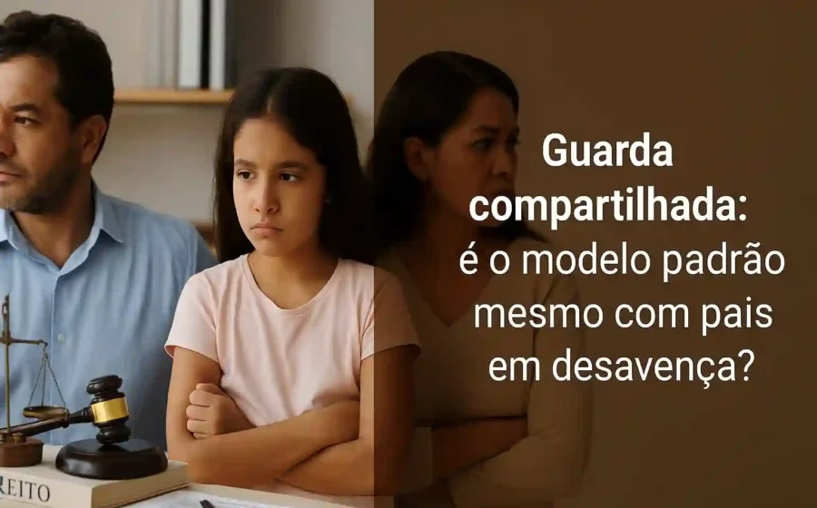 Pai e mãe dividindo tempo com filho, balança desigual com ícones de carreira e casa