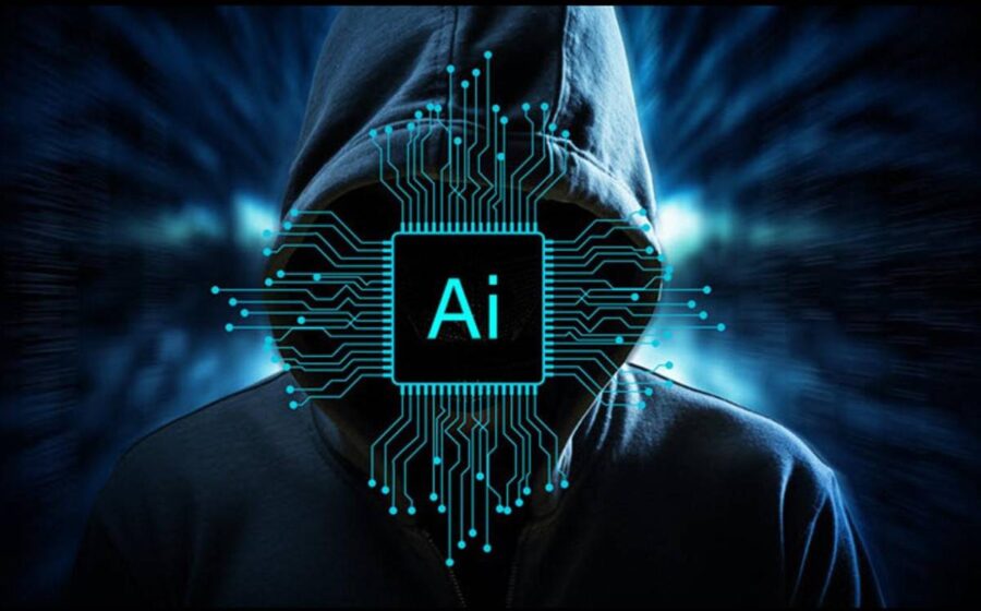 Inteligência artificial autônoma atacando múltiplos sites representada por código malicioso e alvos digitais