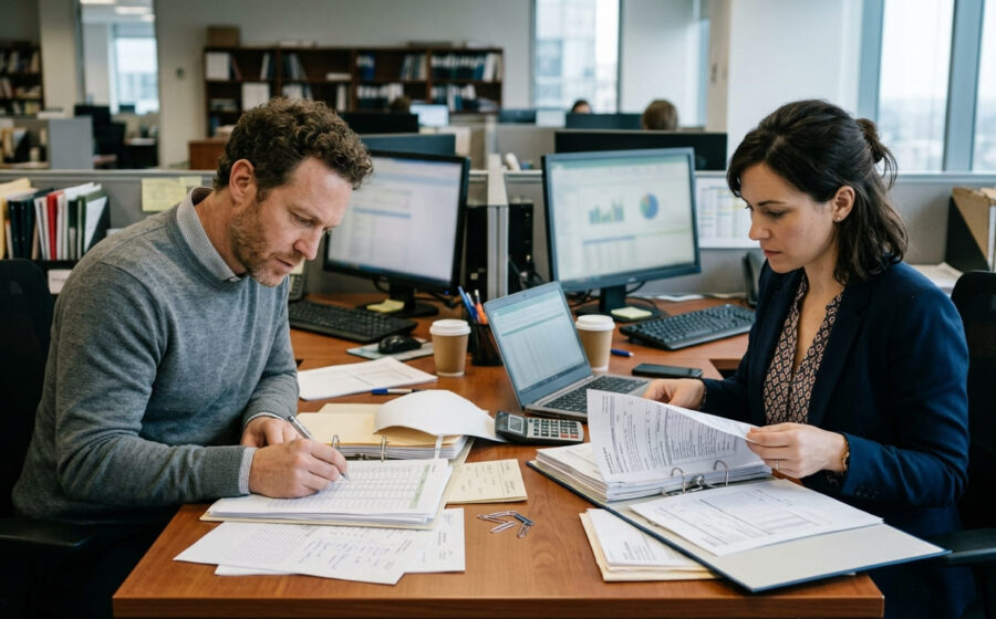 Home office com notebook corporativo e monitor pessoal, medidor de energia elétrica em destaque