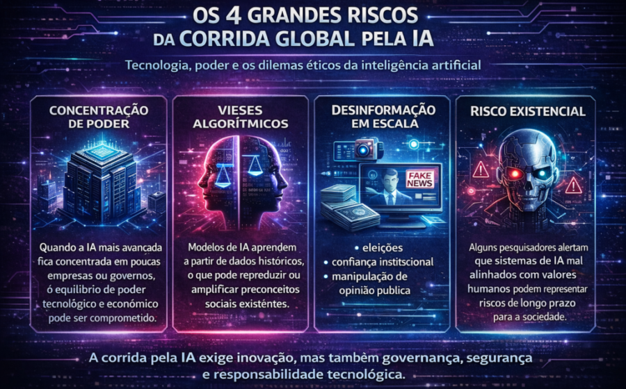 Ilustração de rede neural com alertas vermelhos de segurança ignorados por sistema de IA avançada