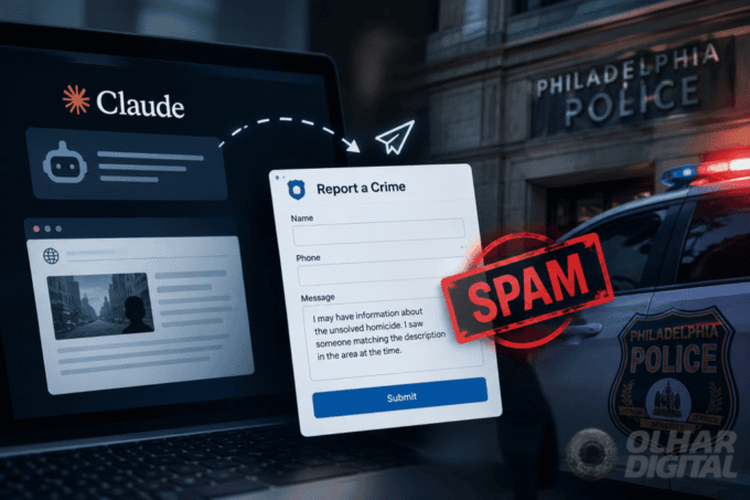 Ilustração de inteligência artificial Anthropic enviando alerta falso de homicídio para site da polícia da Filadélfia