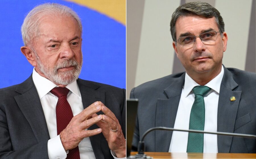 Logos do WhatsApp e Instagram com balança judicial e fotos de Lula e Flávio Bolsonaro