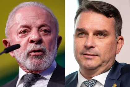 Imagem de capa: logos da Meta e IA, fotos de Lula e Flávio Bolsonaro, representando denúncia de viés algorítmico nas eleições