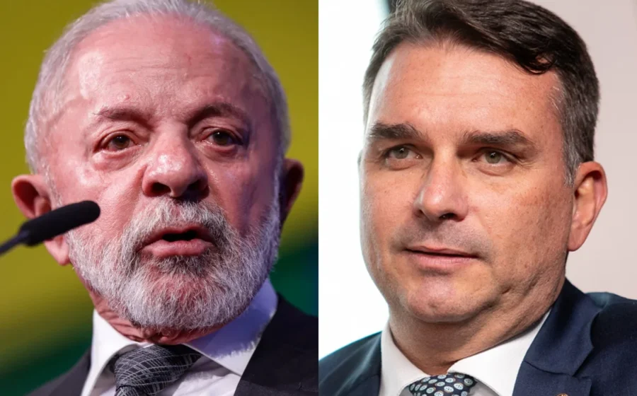 Imagem de capa: logos da Meta e IA, fotos de Lula e Flávio Bolsonaro, representando denúncia de viés algorítmico nas eleições