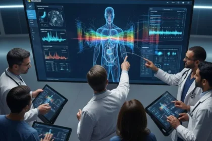 Ilustração da IA MAI-DxO da Microsoft superando médicos em diagnósticos complexos com raciocínio clínico passo a passo