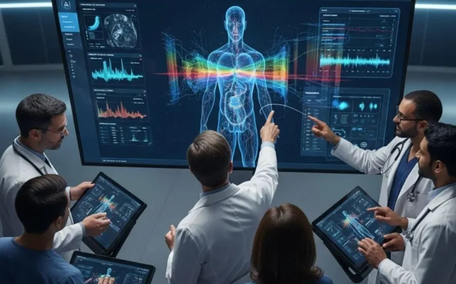 Ilustração da IA MAI-DxO da Microsoft superando médicos em diagnósticos complexos com raciocínio clínico passo a passo