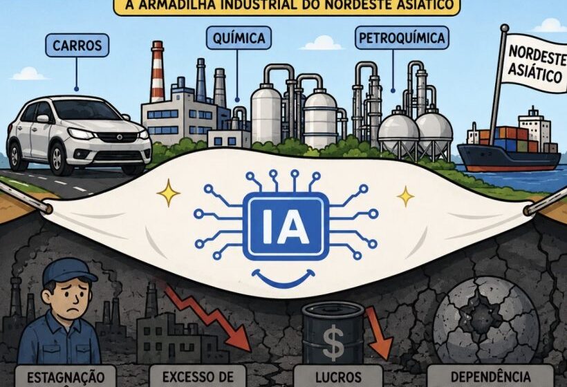 Ilustração conceitual: executivo seduzido por atalho de IA generativa que esconde armadilha de alucinação