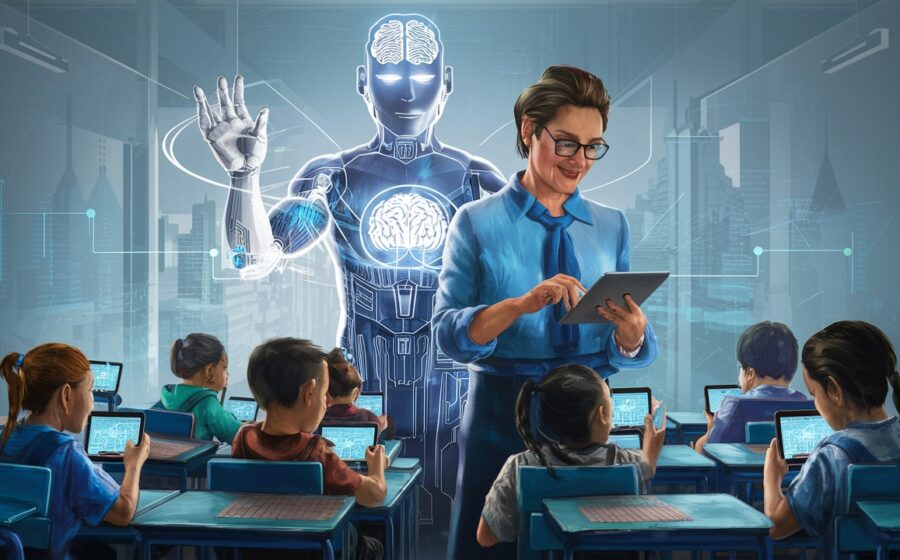 Professor conduz avaliação oral com aluno em sala de aula, sem tecnologia, método socrático