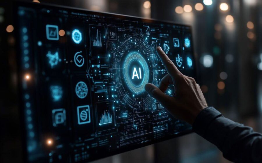 Estudantes desenvolvendo projetos de IA e robótica em laboratório universitário moderno