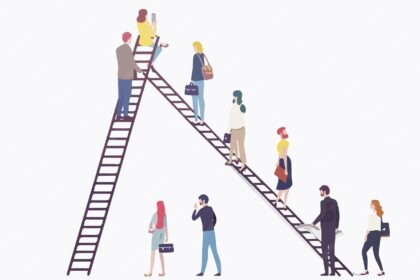 Escada de carreira quebrada com símbolos de IA e setores econômicos contrastantes