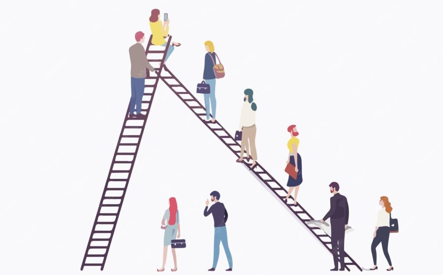 Escada de carreira quebrada com símbolos de IA e setores econômicos contrastantes