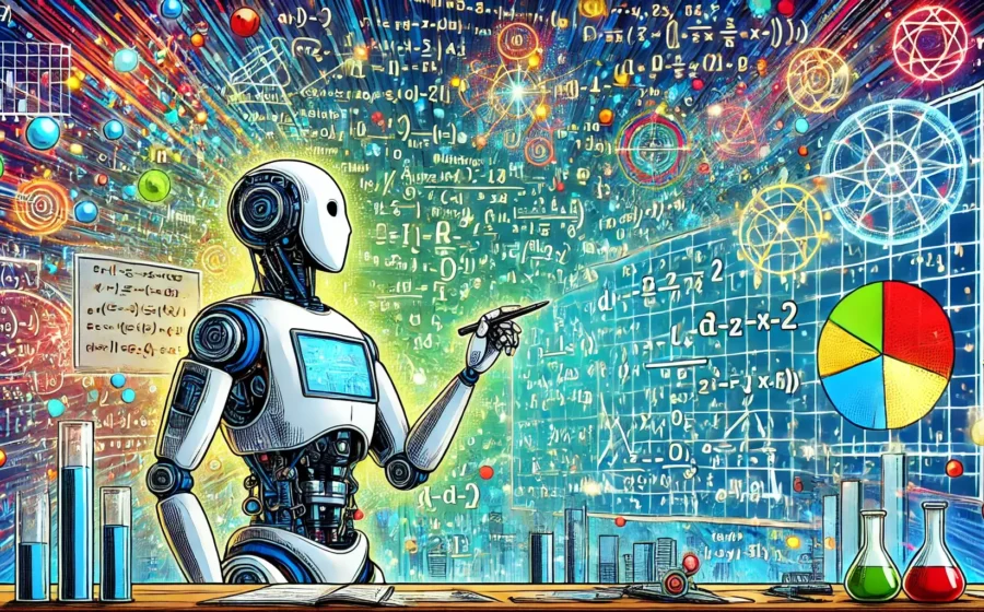 Inteligência artificial resolvendo equações matemáticas complexas em tela digital futurista