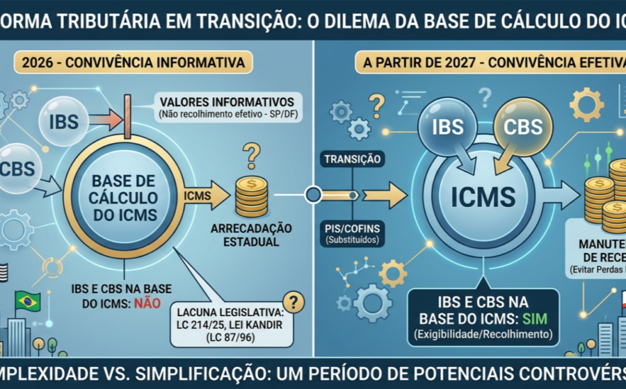 Ilustração de armadilha fiscal com símbolos IBS, CBS e ICMS representando risco de bitributação