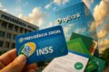Logotipo do INSS sobre alerta vermelho com texto "Falso: bloqueio por biometria em 20/11" e data real 21/11/2025