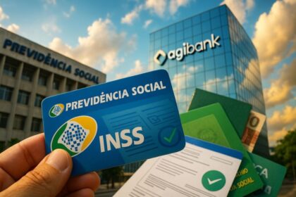 Logotipo do INSS sobre alerta vermelho com texto "Falso: bloqueio por biometria em 20/11" e data real 21/11/2025