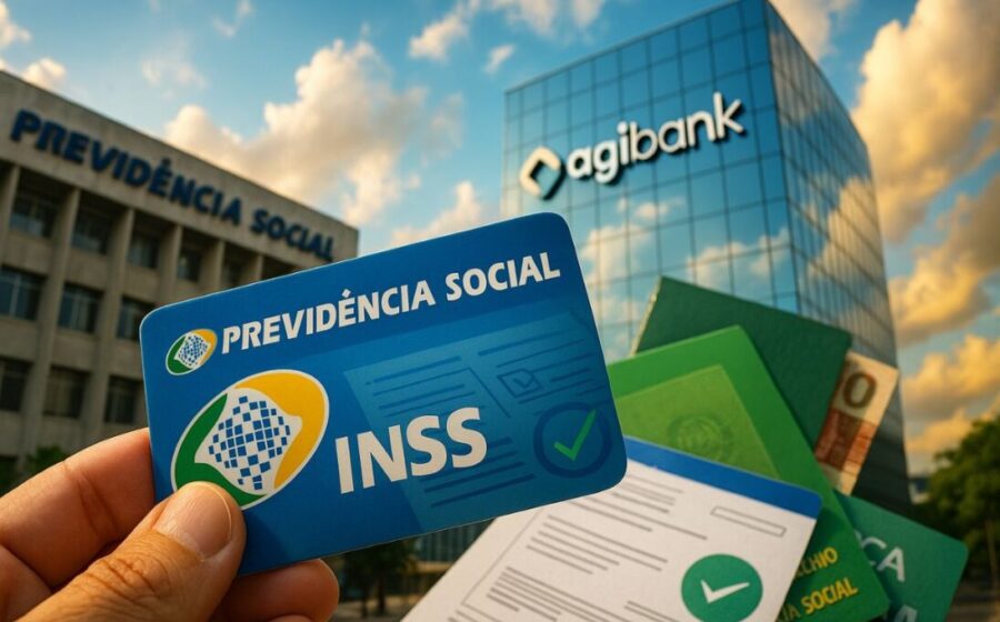 Logotipo do INSS sobre alerta vermelho com texto "Falso: bloqueio por biometria em 20/11" e data real 21/11/2025