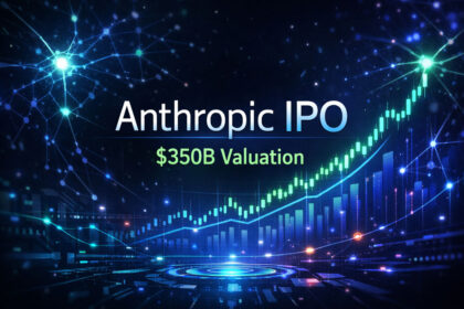 Sede da Anthropic em San Francisco com gráfico financeiro mostrando queda de valuation de IA