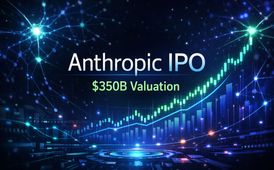 Sede da Anthropic em San Francisco com gráfico financeiro mostrando queda de valuation de IA