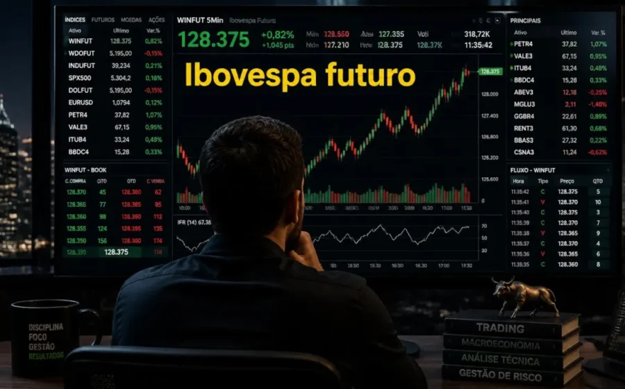 Gráfico do Ibovespa Futuro em queda de 0,5% com destaque para ações da WEG