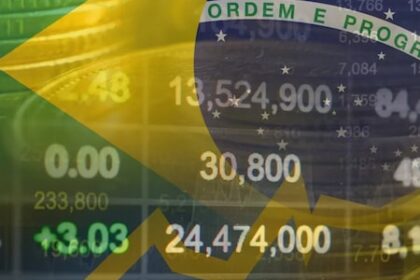 Gráfico do Ibovespa Futuro em queda com indicadores vermelhos e logos da Vale e bandeira do Brasil