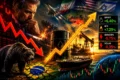 Gráfico do Ibovespa em queda de 1% com dólar a R$ 5,43 e petróleo a US$ 117