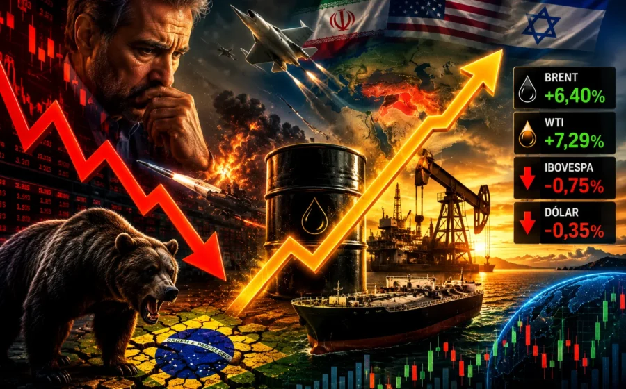 Gráfico do Ibovespa em queda de 1% com dólar a R$ 5,43 e petróleo a US$ 117
